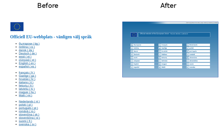 Replay of the archived page europa.eu before and after new release of Arquivo.pt