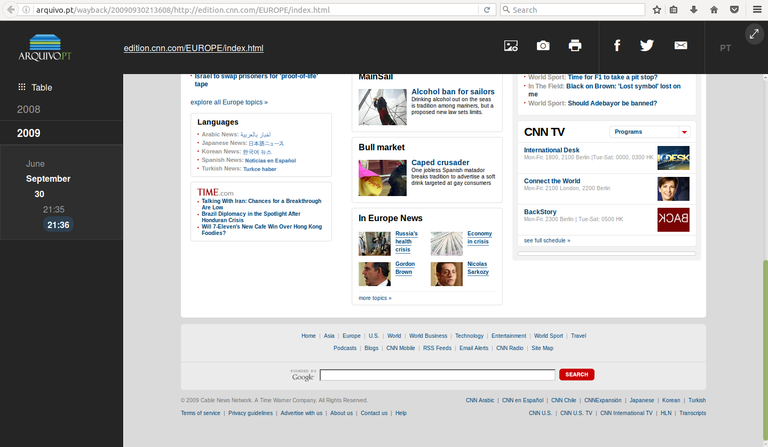 Image showing the replay of a preserved website in the new Hercules Release of Arquivo.pt