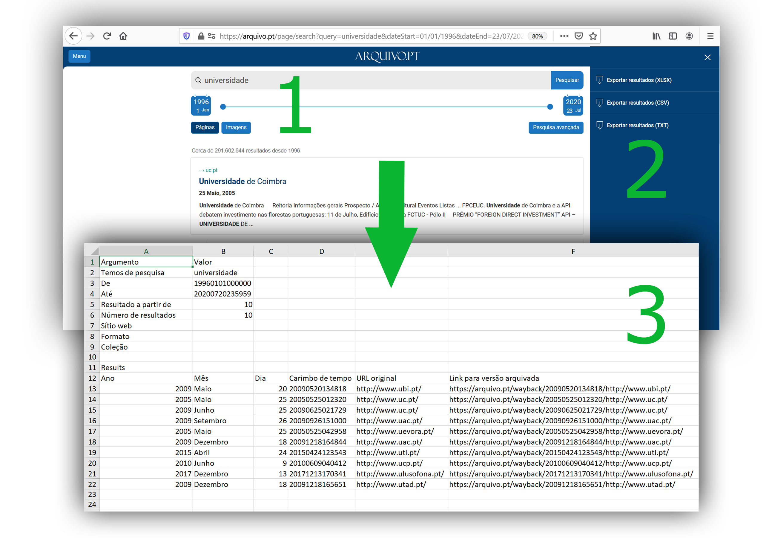 Exported results into an Excel sheet of a search for the word "universidade", university, limited to 10 items