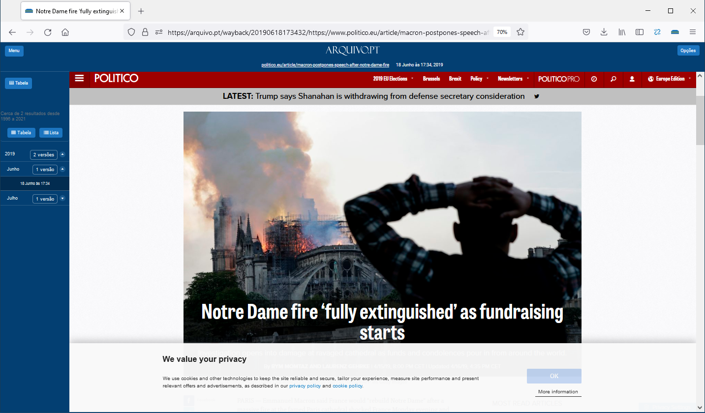 Printed screen from www.politico.eu preserved by Arquivo.pt, collected in June 18, 2019. Article about the Notre Dame fire in Paris, "Notre Dame fire 'fully extinguished’ as fundraising starts".